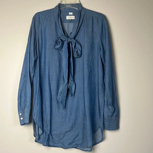 Loft “The Softened” Chambray Blue Tie Front Long Sleeve Top Blouse Size S - Picture 1 of 8